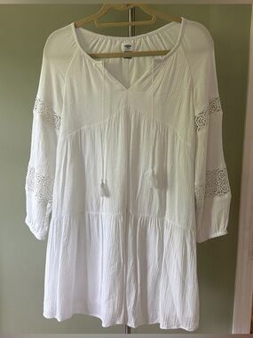 Lightweight White Boho Tunic Dress with Crochet Sleeves